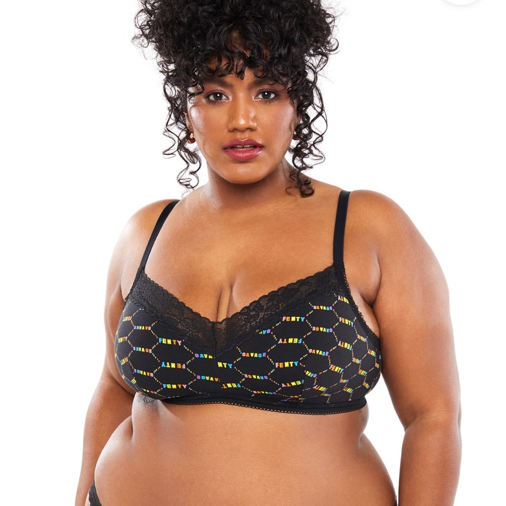 Savage X Fenty Cotton Essentials Lace-Trim Bralette Black/Rainbow Logo NWOT